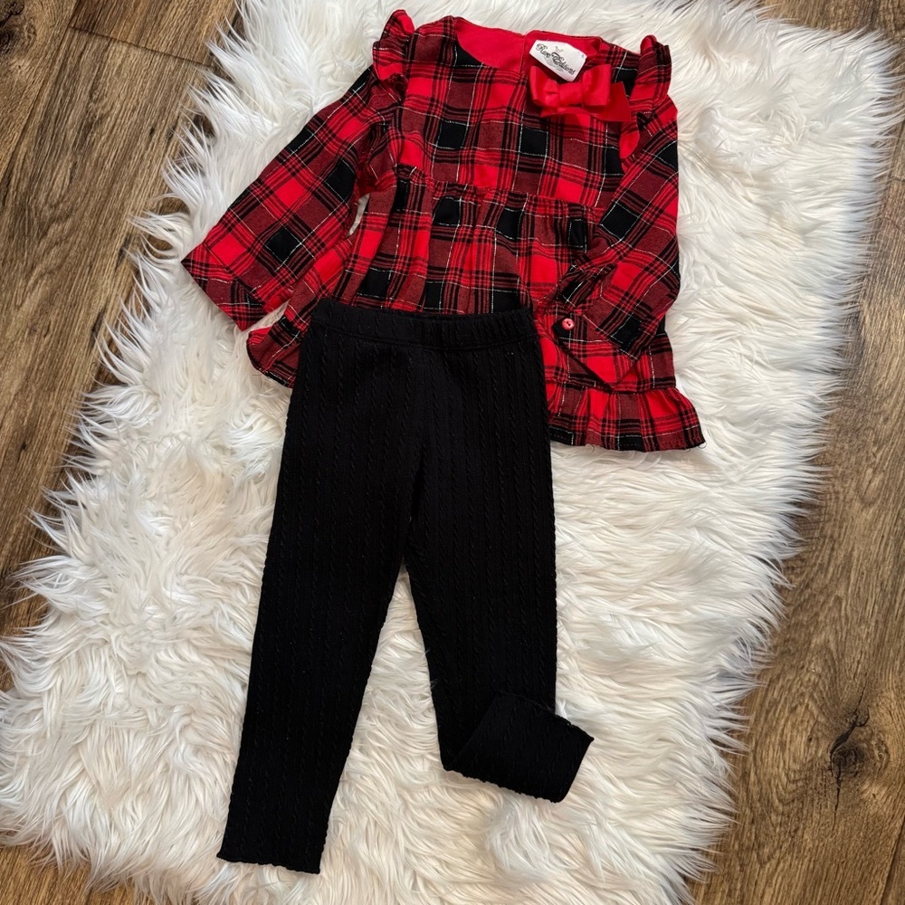 Rare‎ Editions Girls 4T Christmas Plaid Top & Black Leggings Outfit Set